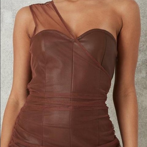 MISSGUIDED Brown Faux Leather Mesh One Shoulder Mini Dress MISSGUIDED Brown Faux Leather Mesh One Shoulder Mini Dress